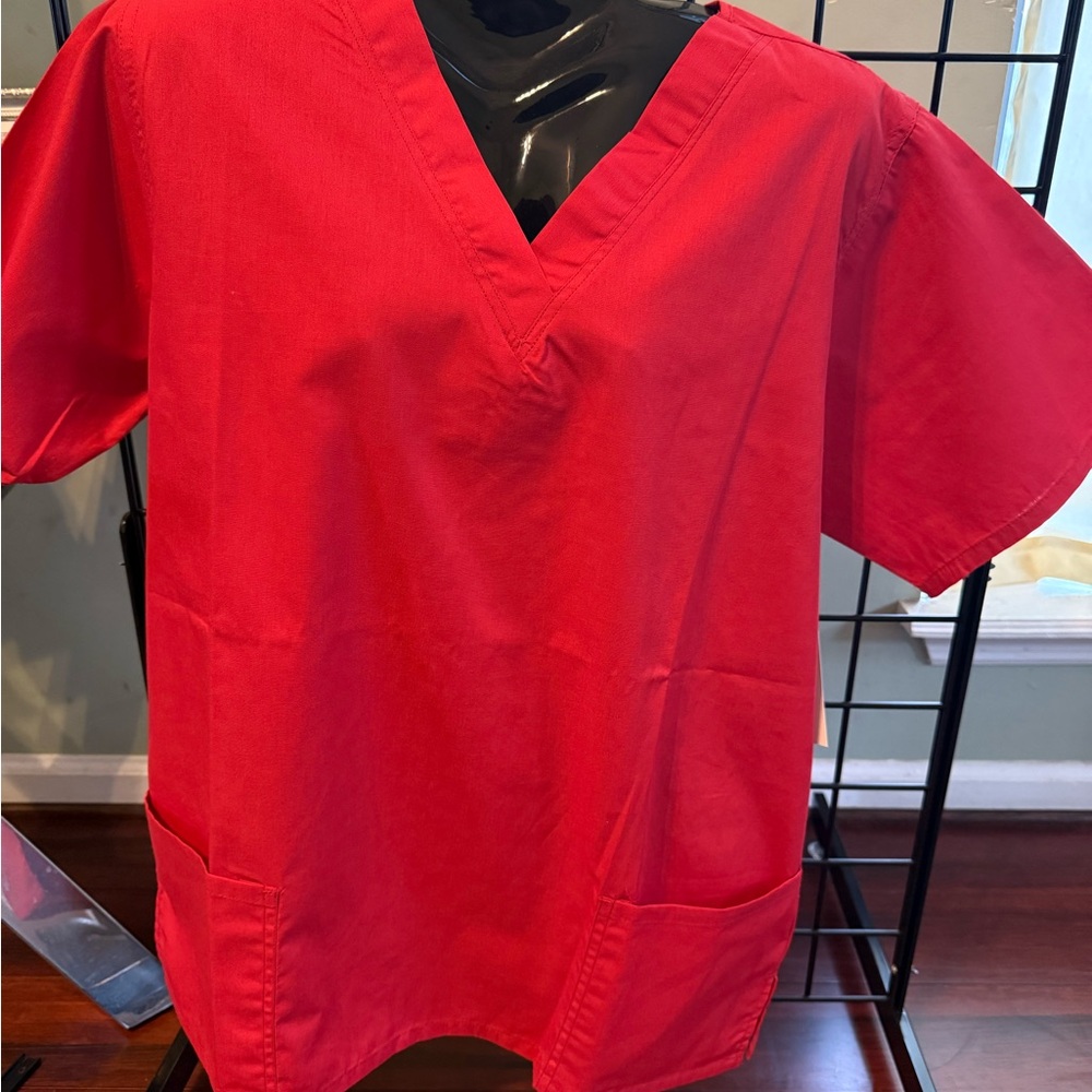 Red V-Neck Scrub Top